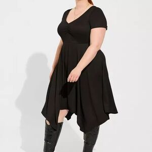 Torrid Black Rib Knit Skater Dress – V Neck Strappy Back Handkerchief Hem Size 2